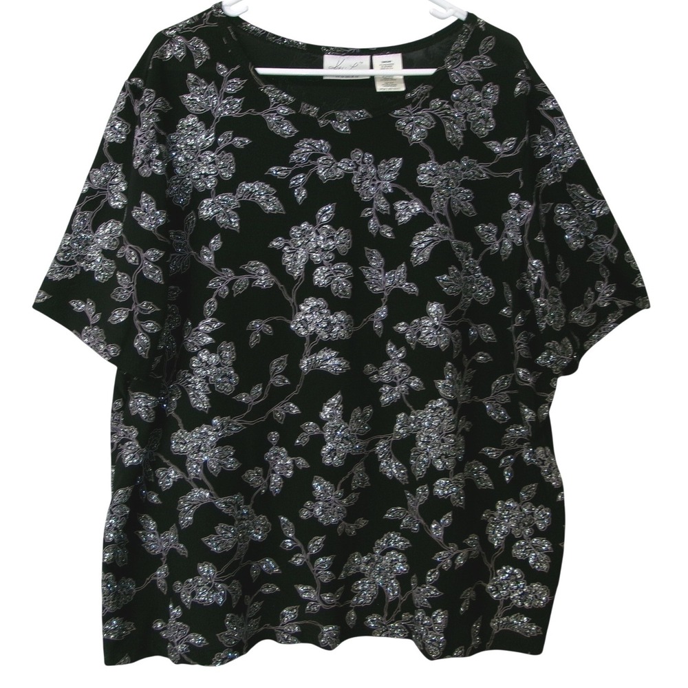 Kathie Lee Woman Black Floral Sparkle Short Sleeve Top Blouse 22/24W